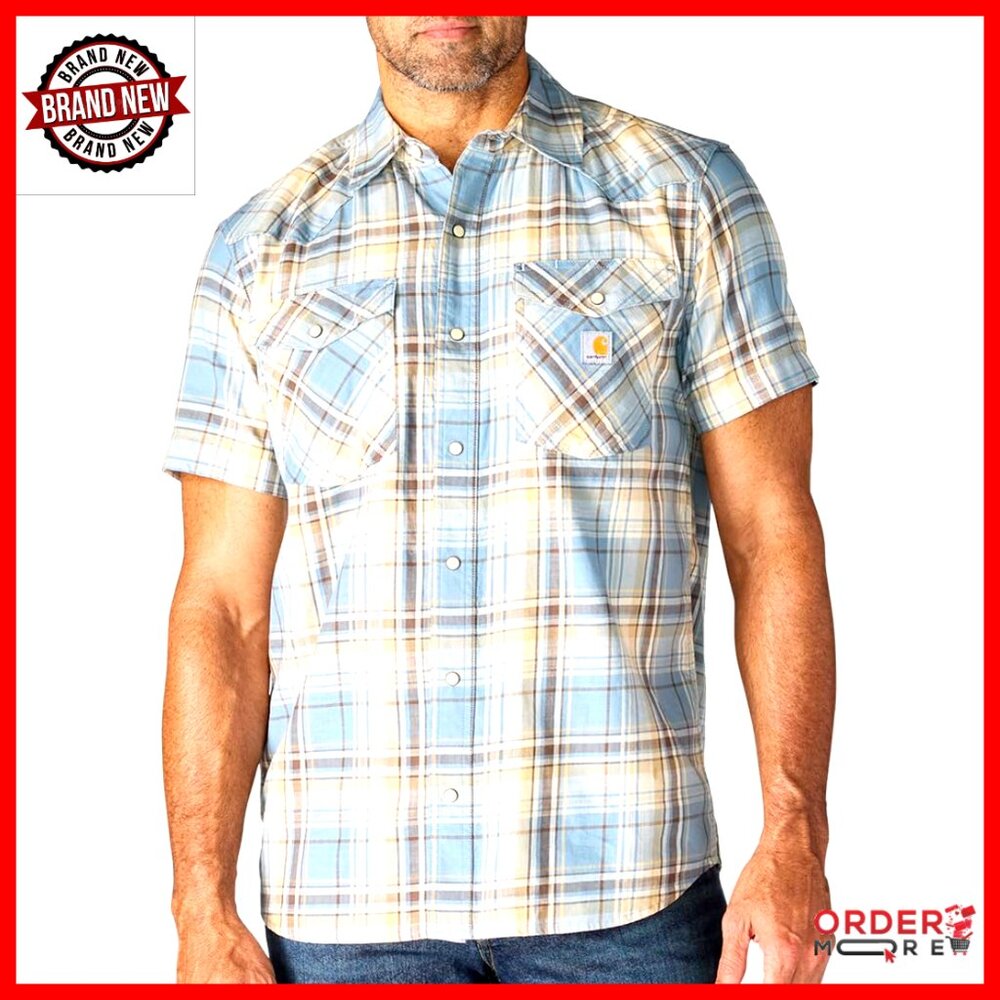 Relaxed Fit Short Sleeve Plaid Shirt, Lightweight Cotton Blend, Snap Closure